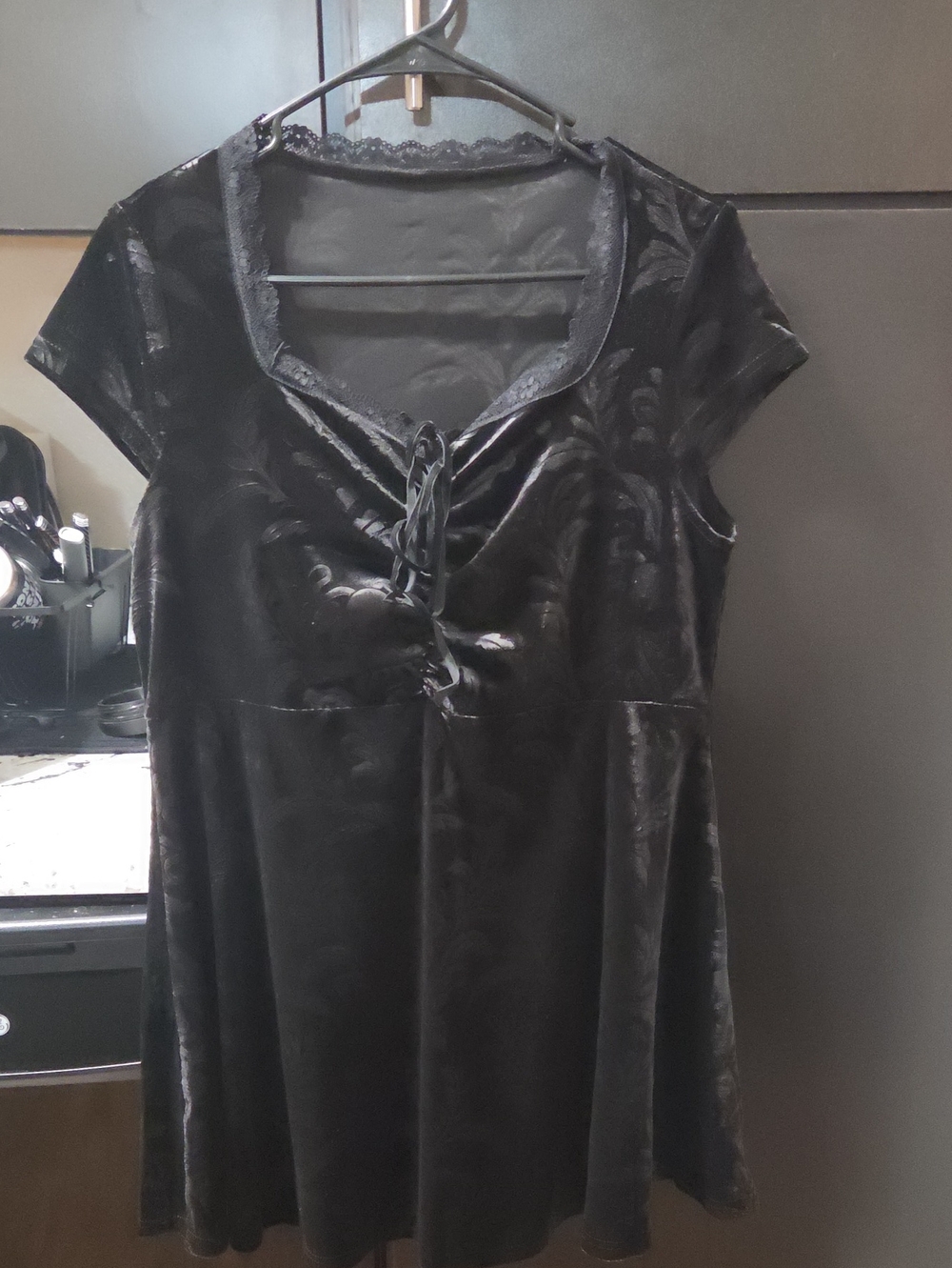 Velvet Lace-Up Chemise Nightdress in Black